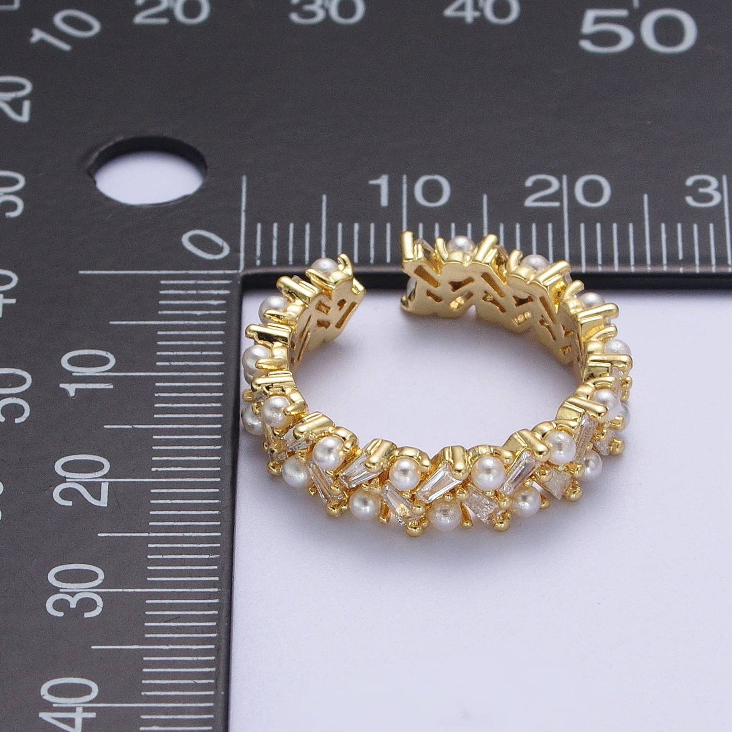 Gold Mini Baguette Round Pearl Adjustable Ring