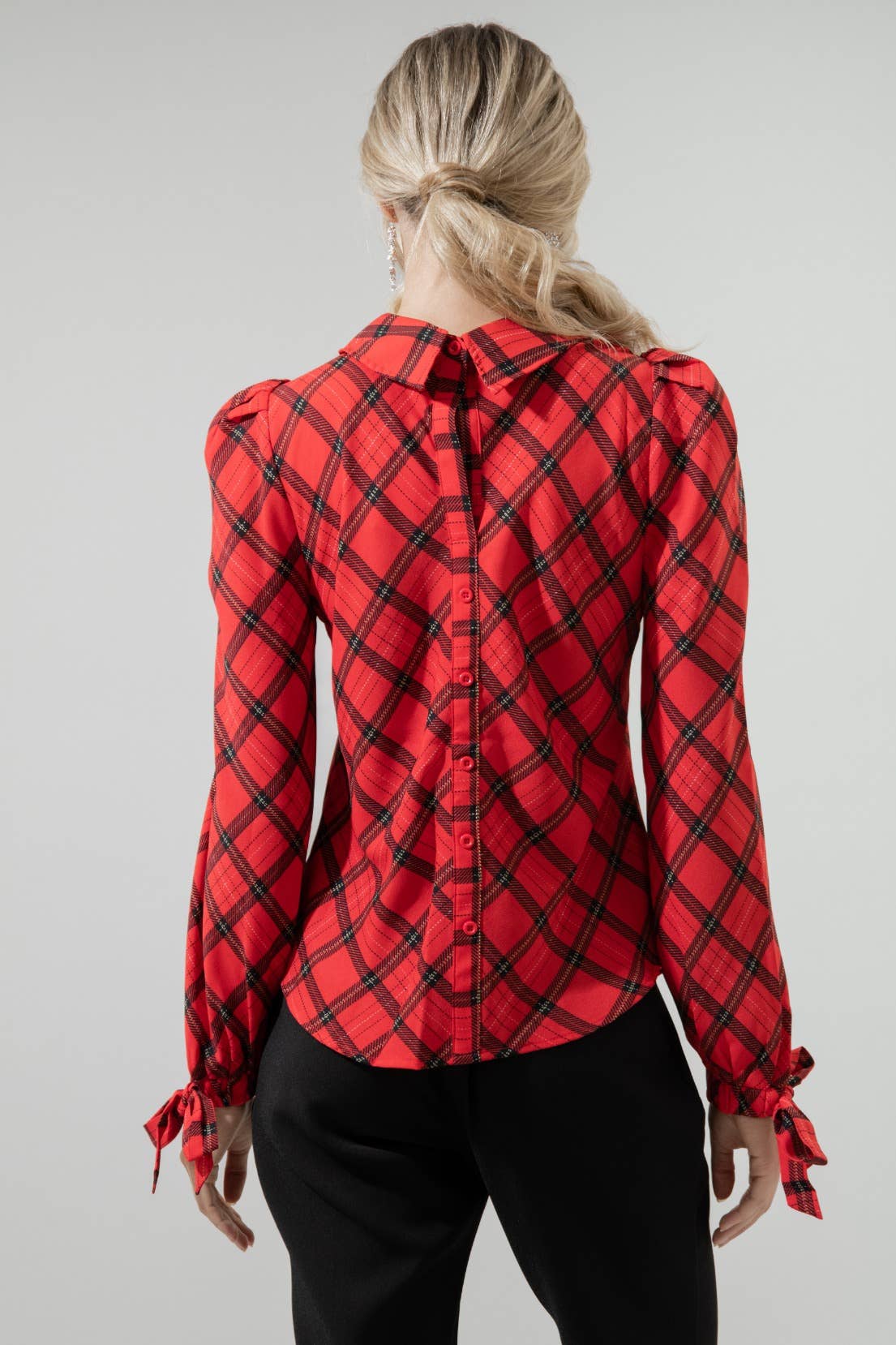 Hartland Tartan Plaid Mock Neck Button Back Blouse