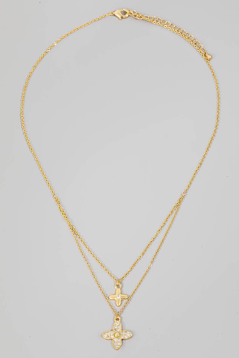 Gold Dipped Cz Pave Double Clover Charm Chain Necklace
