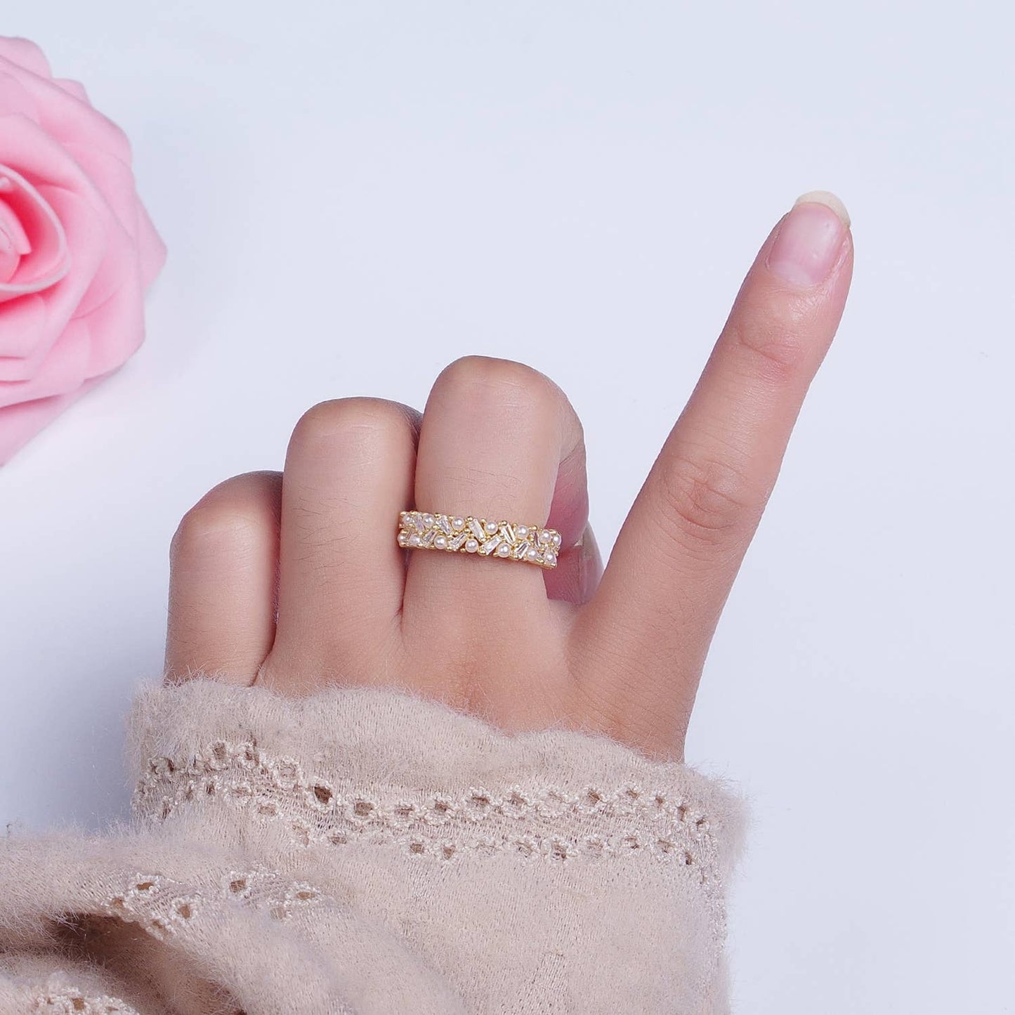 Gold Mini Baguette Round Pearl Adjustable Ring