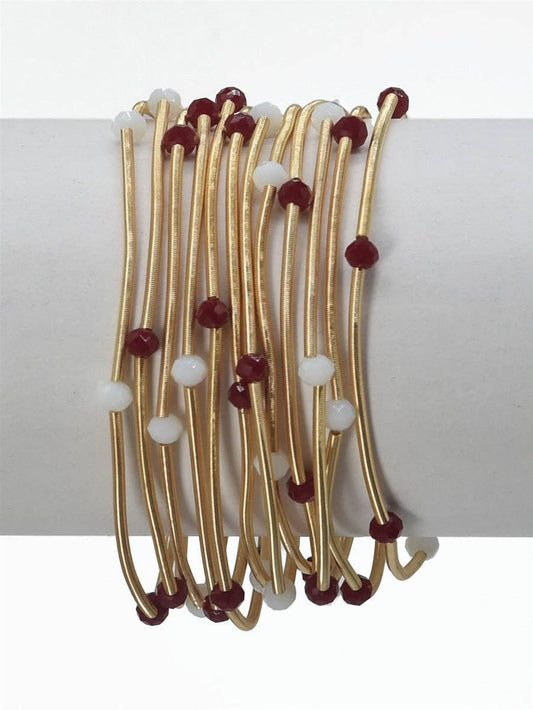 Set of 12 Gold Wired Stretch Bracelets with Maroon and White Gameday Crystal Accents, Best Seller!