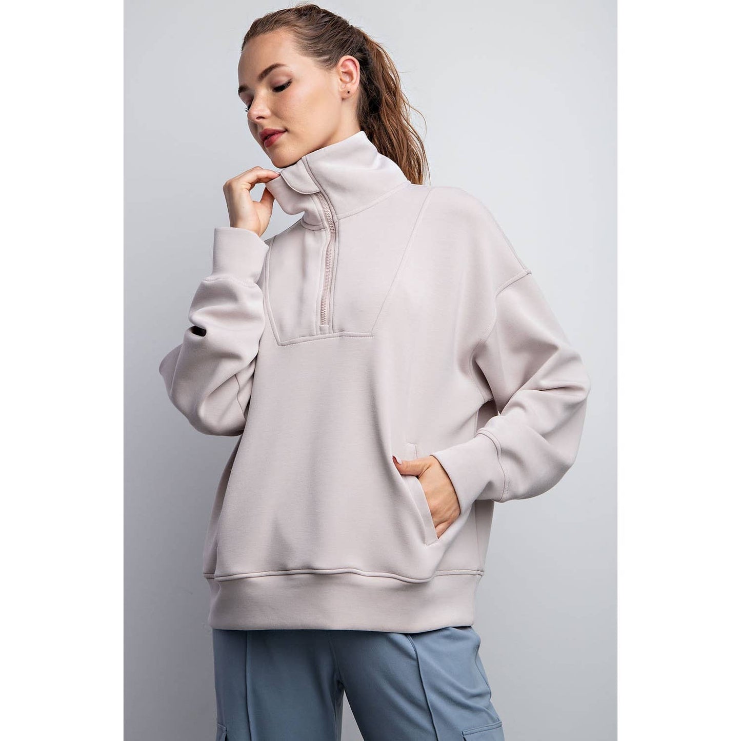 MODAL POLY SPAN QUARTER ZIP FUNNEL NECK PULLOVER