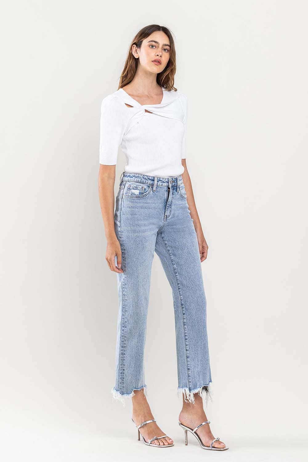 HIGH RISE CROPPED DISTRESSED HEM DAD JEAN - Lake City Boutique