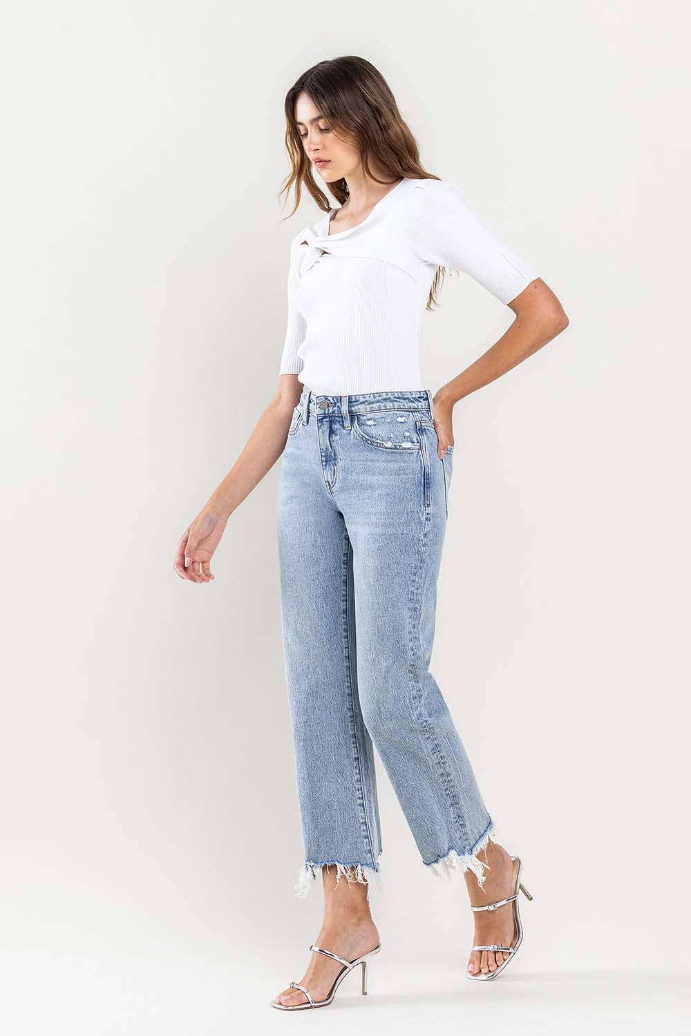 HIGH RISE CROPPED DISTRESSED HEM DAD JEAN - Lake City Boutique