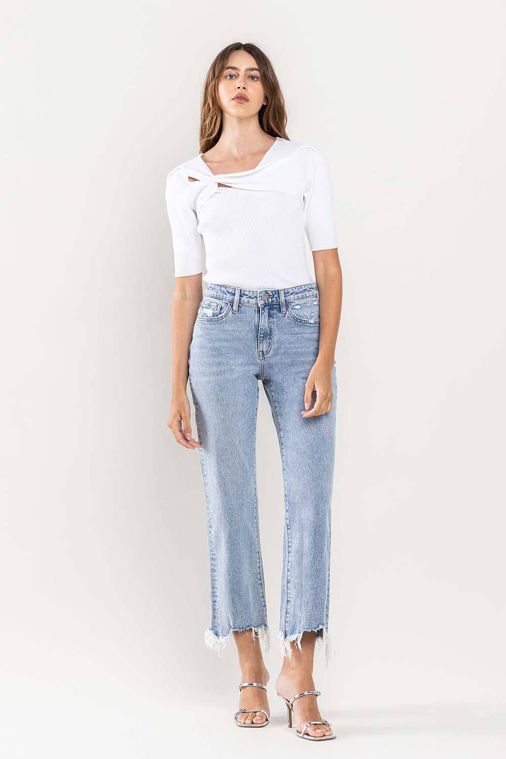 HIGH RISE CROPPED DISTRESSED HEM DAD JEAN - Lake City Boutique