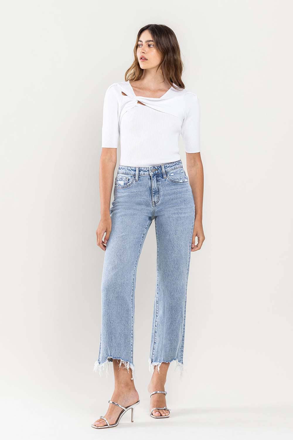 HIGH RISE CROPPED DISTRESSED HEM DAD JEAN - Lake City Boutique