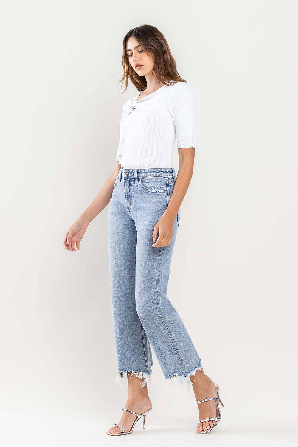 HIGH RISE CROPPED DISTRESSED HEM DAD JEAN - Lake City Boutique