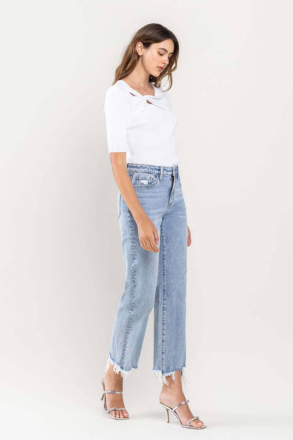 HIGH RISE CROPPED DISTRESSED HEM DAD JEAN - Lake City Boutique