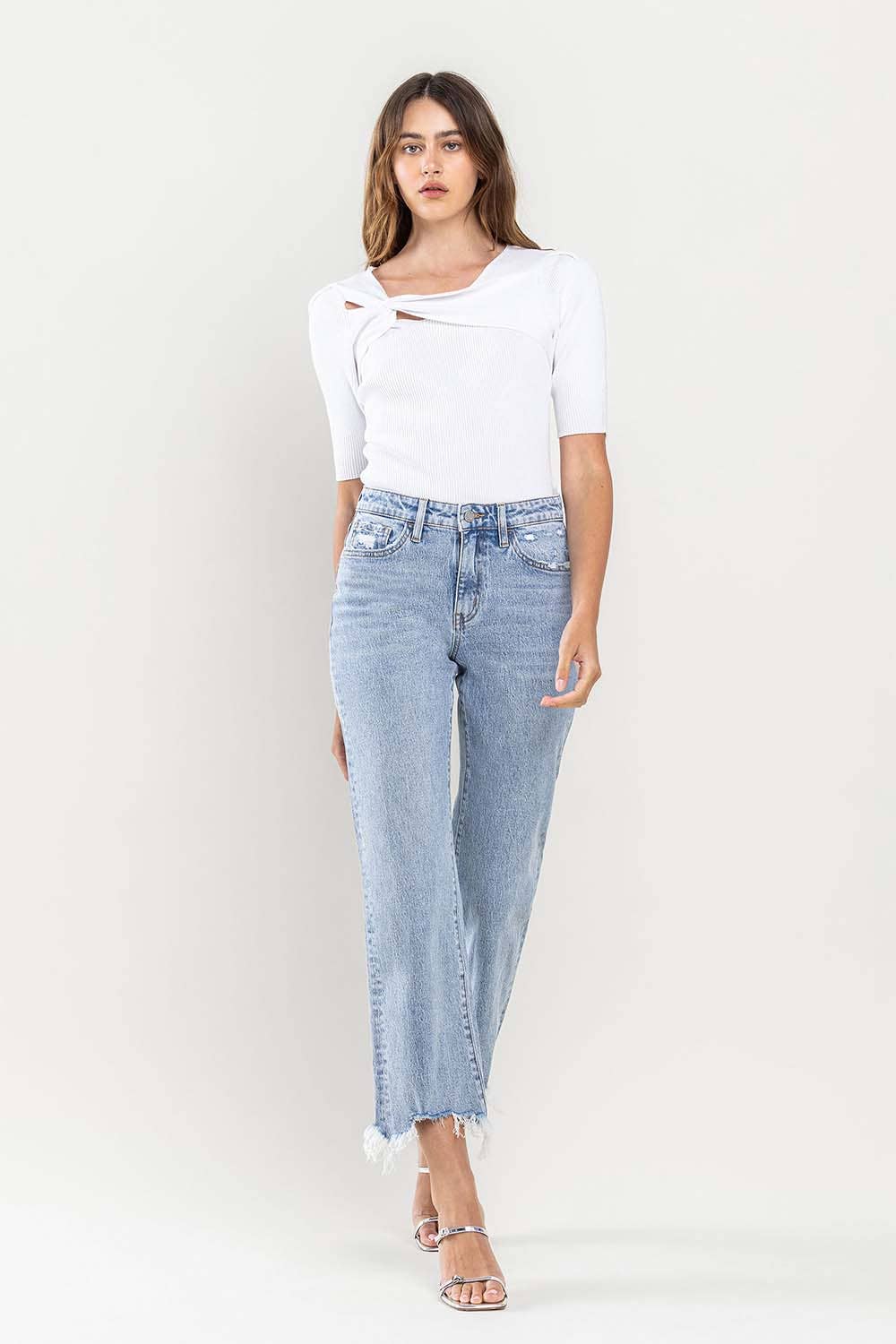 HIGH RISE CROPPED DISTRESSED HEM DAD JEAN - Lake City Boutique