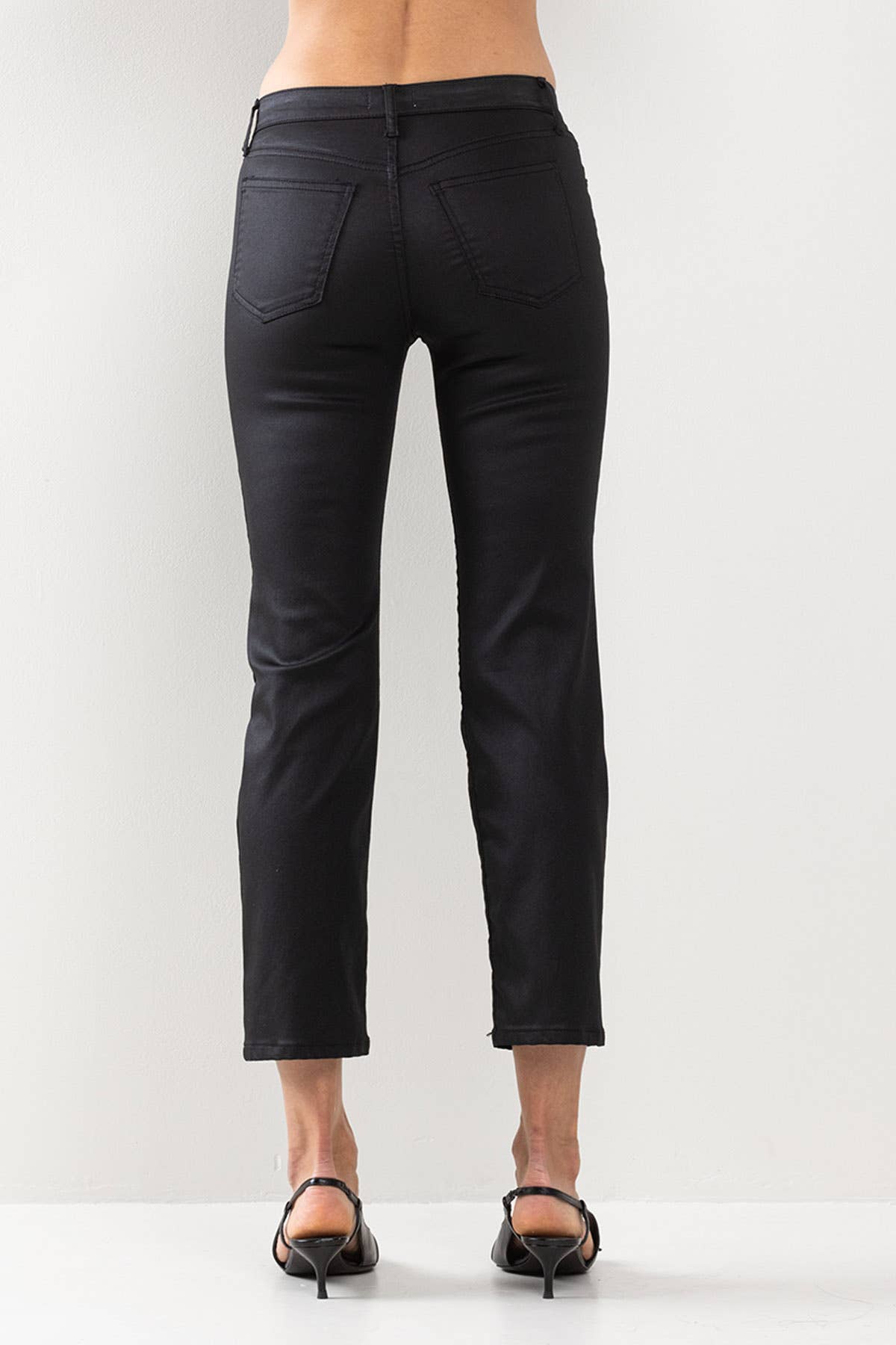 MID RISE SLIM STRAIGHT COATED JEANS IN BLACK - Lake City Boutique